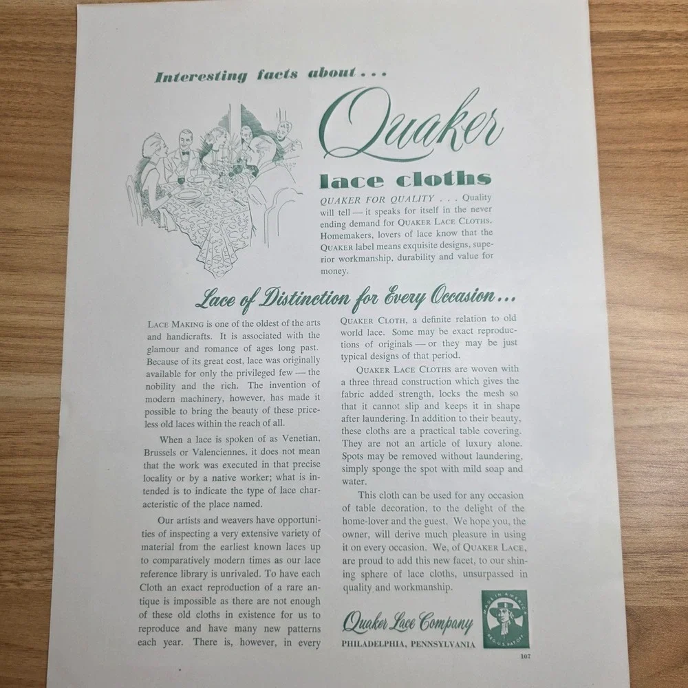 Vtg 1940s Quaker Gala #4200 Lace Tablecloth Color: Egyptian 54x72 USA With Box